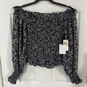 1. State Women's Floral Smocked Blouse- Navy and White- off the shoulder